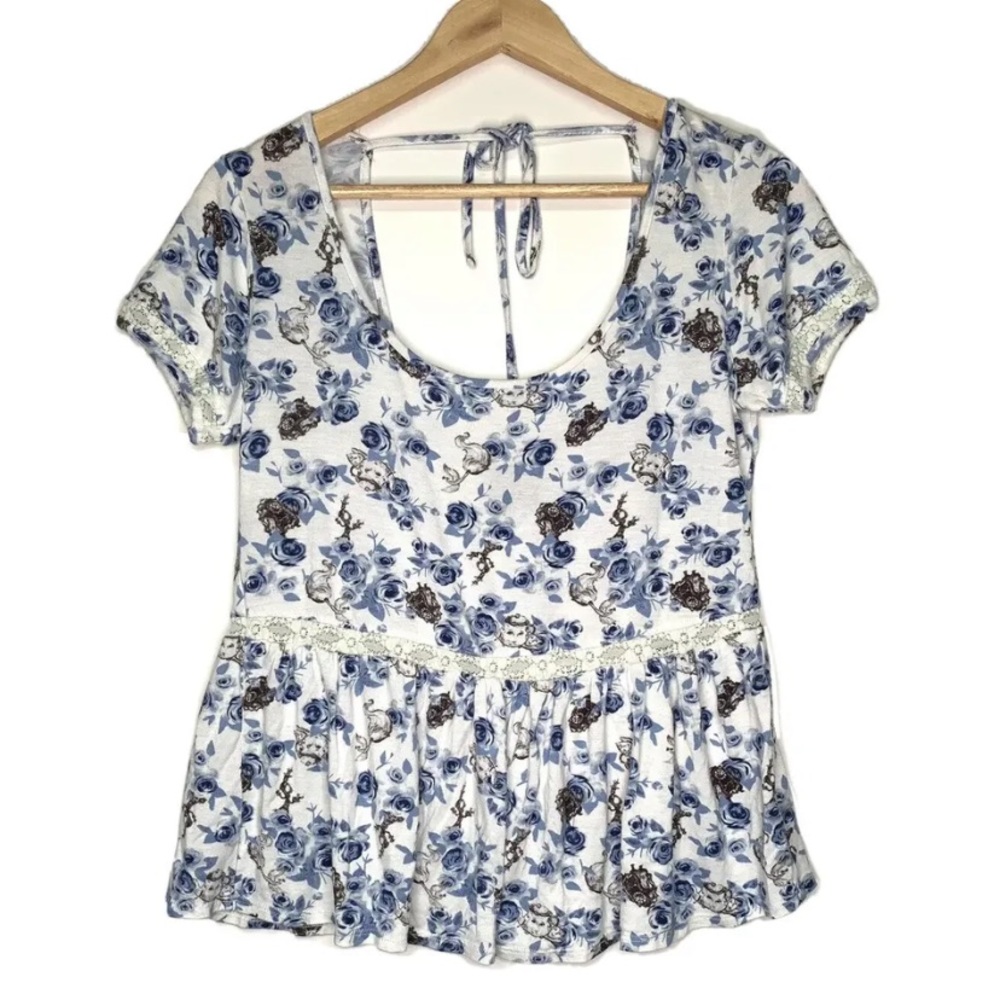Disney Beauty & The Beast Rose Peplum Top Women Medium M White Blue Mrs Pots